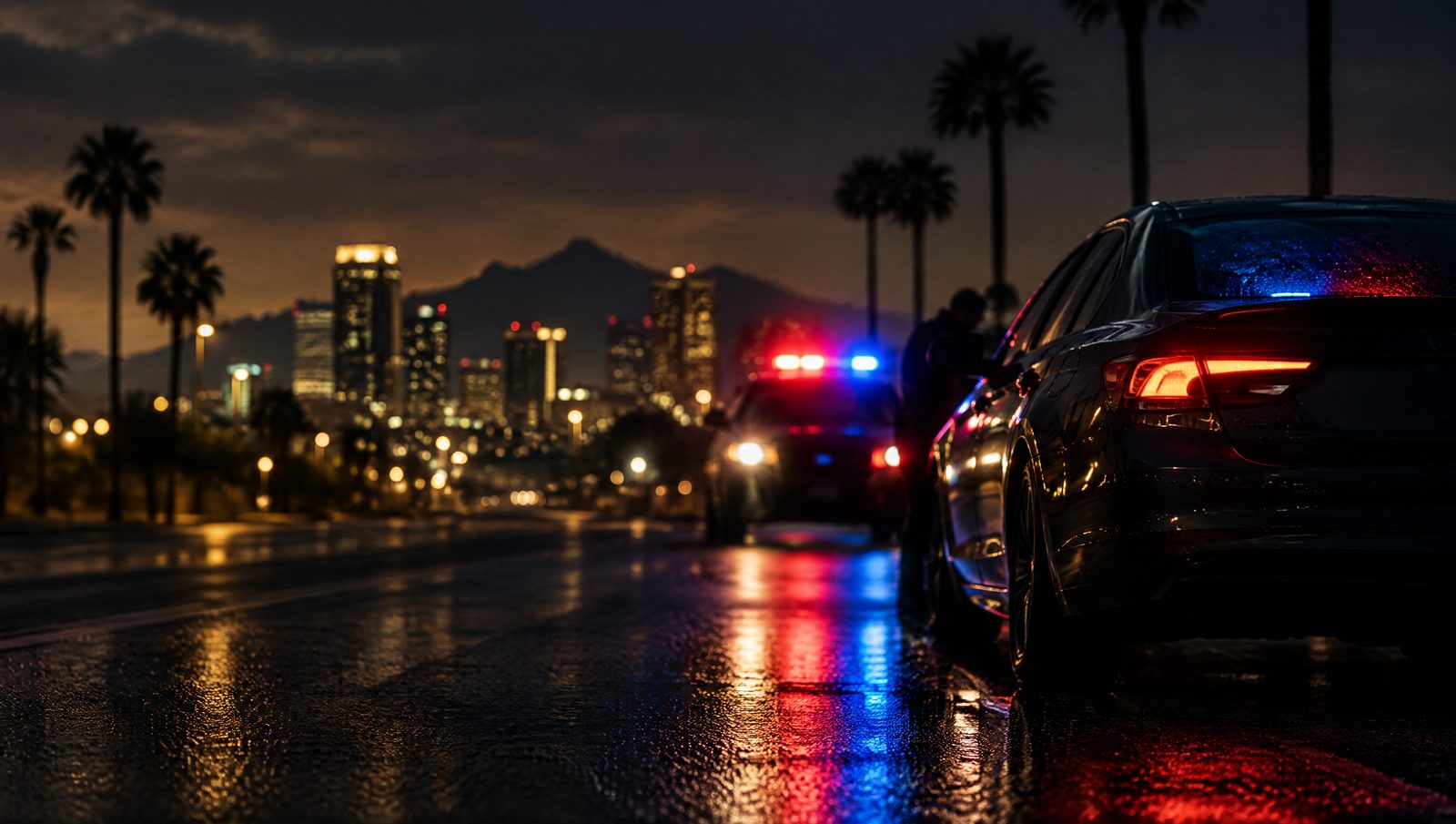Car pulled over at night with police lights reflecting on a Phoenix street