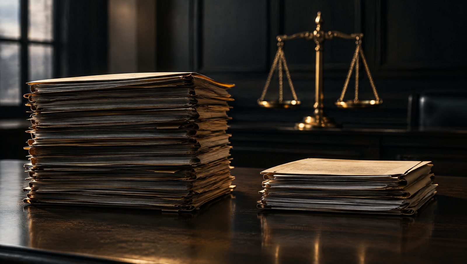 Two stacks of case files of different heights with scales of justice