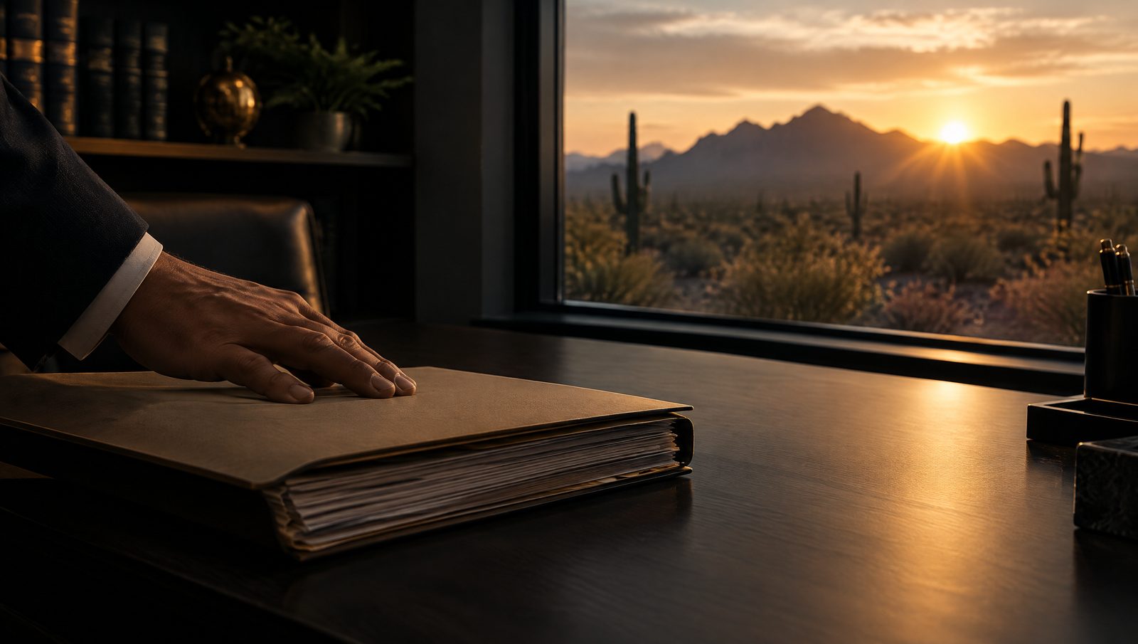 Hand closing a file folder at sunrise over the desert