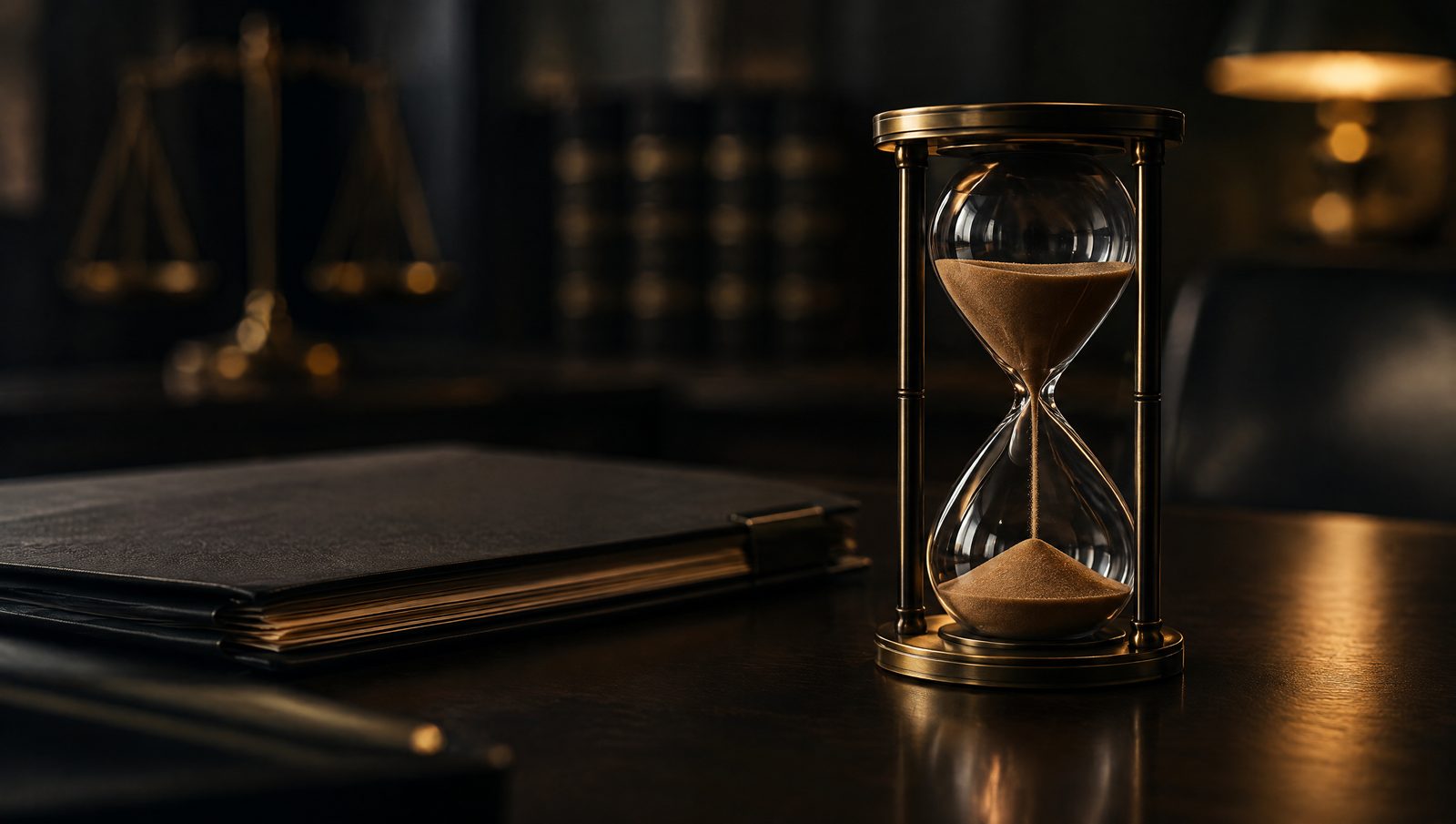 Hourglass beside a closed case file