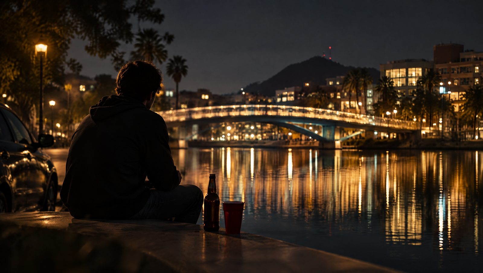 College town lake and pedestrian bridge at night