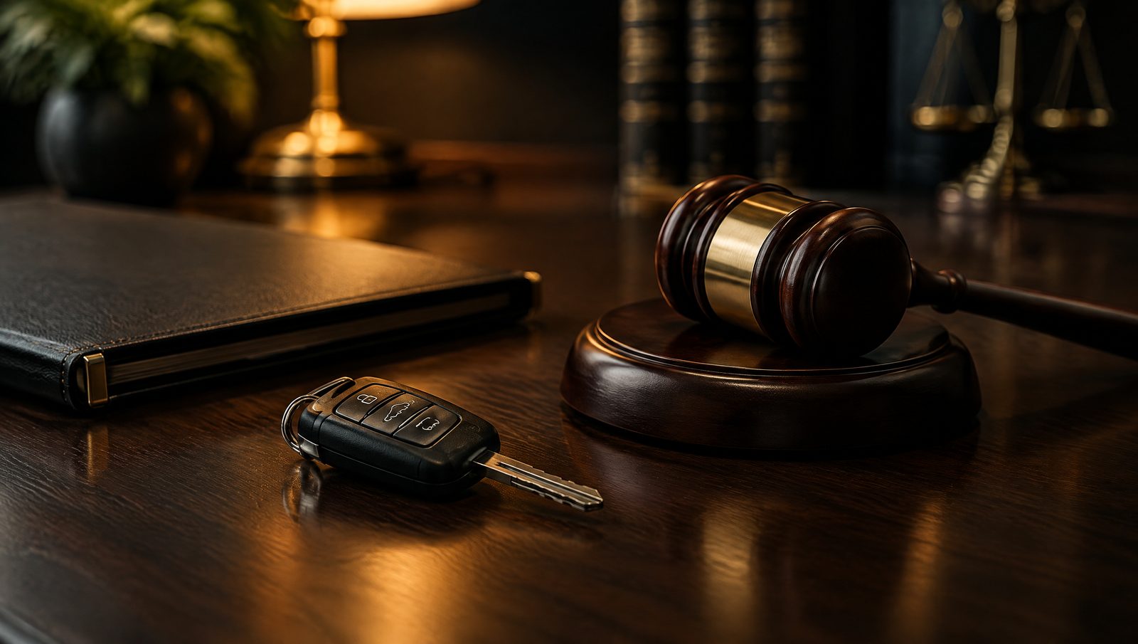 Car key and judge's gavel on a dark desk