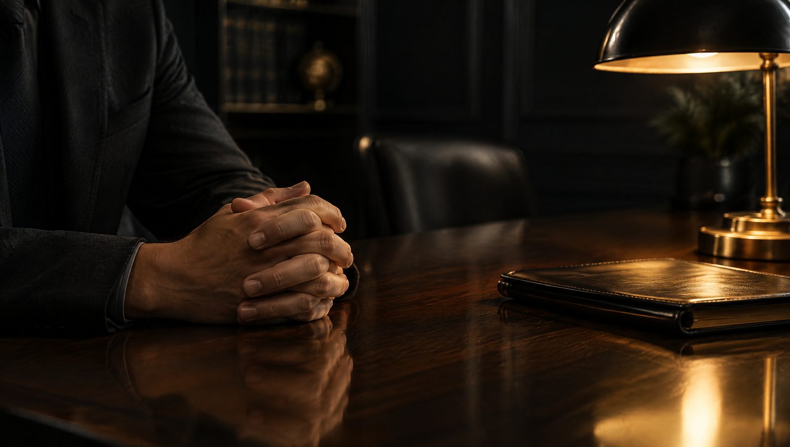 Calm folded hands on a wooden table under a desk lamp